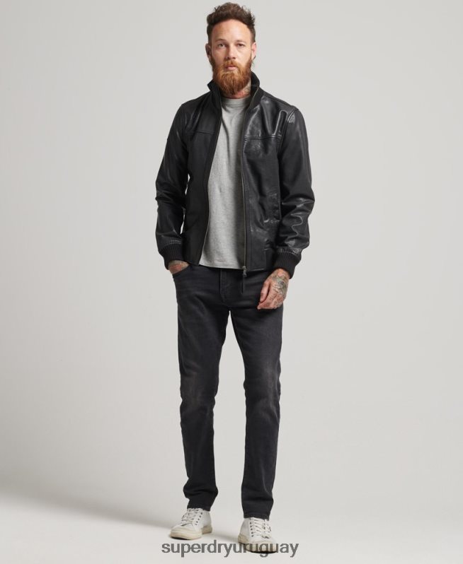 uy Superdry hombres chamarra bomber de piel con cuello de punto negro DT2N8Z1108 ropa