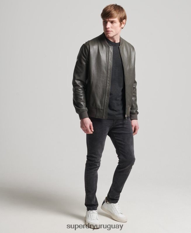 uy Superdry hombres chamarra bomber de piel studios gris oscuro DT2N8Z6455 ropa