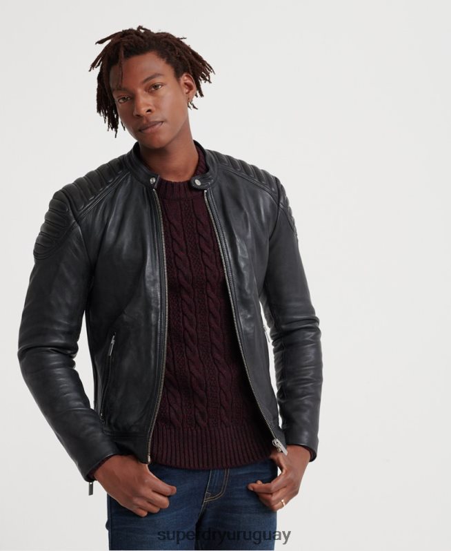 uy Superdry hombres chamarra de carreras de cuero de héroe de la ciudad negro DT2N8Z4758 ropa