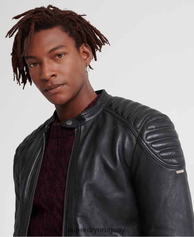 uy Superdry hombres chamarra de carreras de cuero de héroe de la ciudad negro DT2N8Z4758 ropa