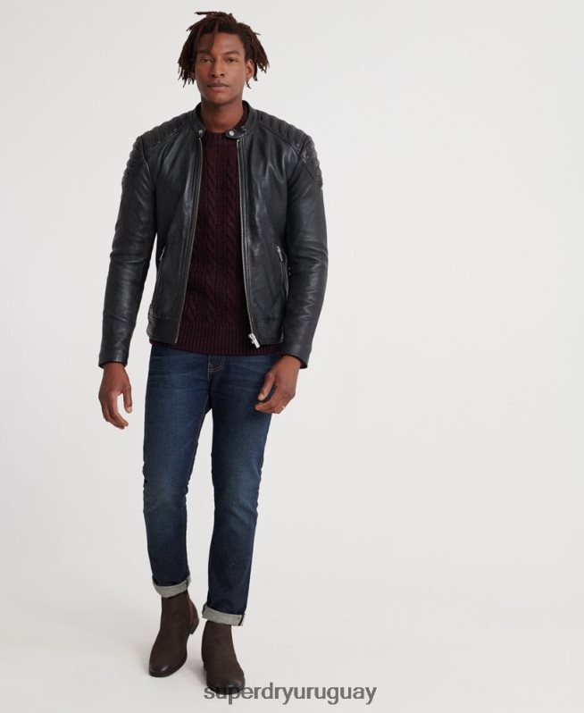uy Superdry hombres chamarra de carreras de cuero de héroe de la ciudad negro DT2N8Z4758 ropa
