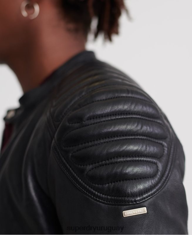 uy Superdry hombres chamarra de carreras de cuero de héroe de la ciudad negro DT2N8Z4758 ropa