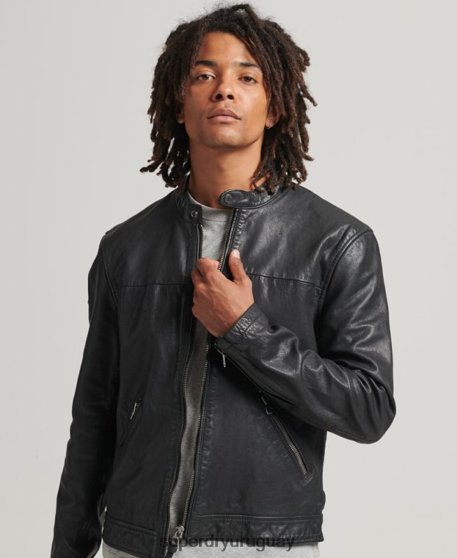 uy Superdry hombres chamarra de cuero Heritage Sports Racer negro DT2N8Z937 ropa