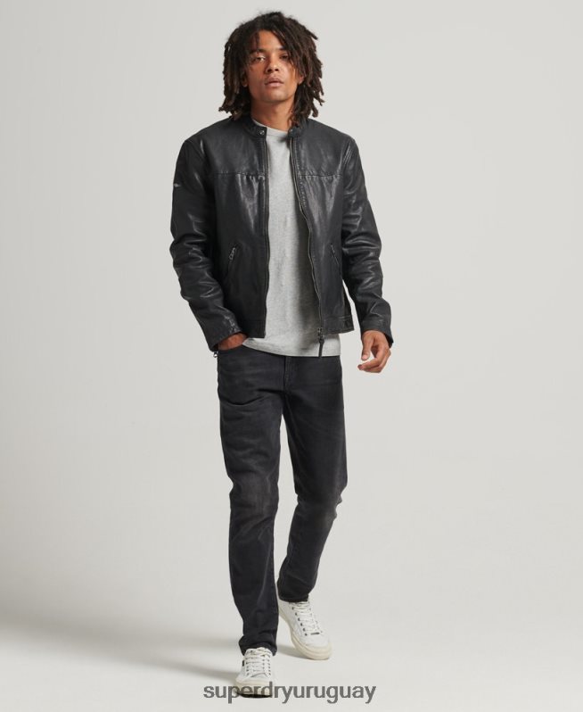 uy Superdry hombres chamarra de cuero Heritage Sports Racer negro DT2N8Z937 ropa