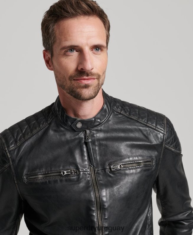 uy Superdry hombres chamarra de motociclista de cuero heritage negro DT2N8Z906 ropa
