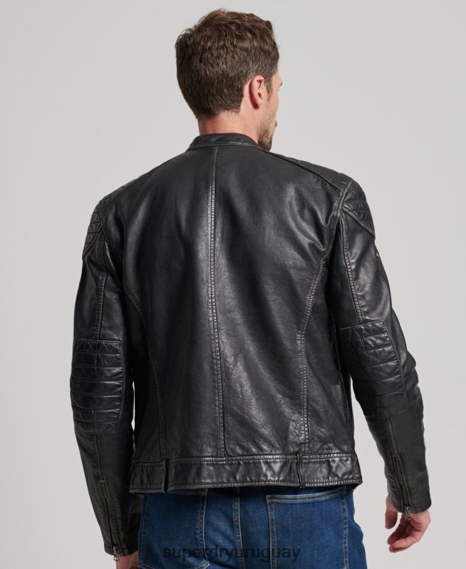 uy Superdry hombres chamarra de motociclista de cuero heritage negro DT2N8Z906 ropa