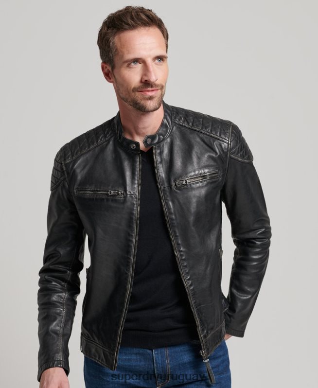 uy Superdry hombres chamarra de motociclista de cuero heritage negro DT2N8Z906 ropa