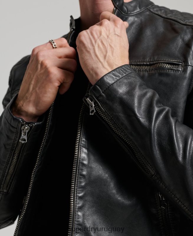 uy Superdry hombres chamarra de motociclista de cuero heritage negro DT2N8Z906 ropa