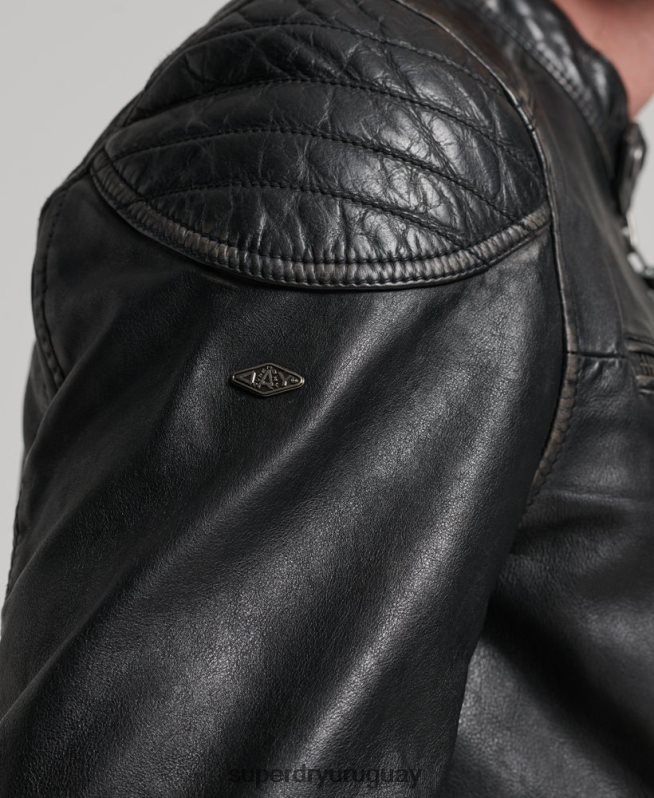 uy Superdry hombres chamarra de motociclista de cuero heritage negro DT2N8Z906 ropa