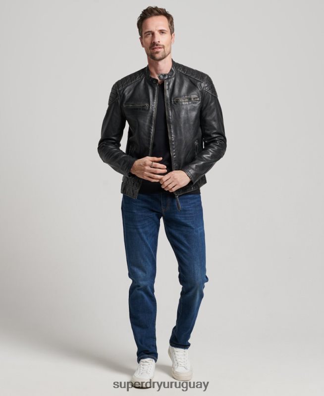uy Superdry hombres chamarra de motociclista de cuero heritage negro DT2N8Z906 ropa