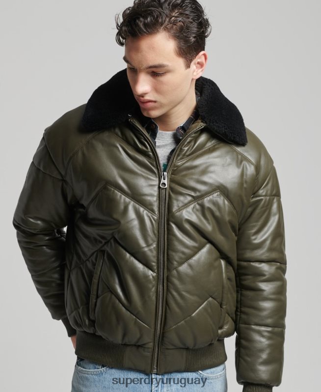 uy Superdry hombres chaqueta acolchada de cuero Heritage verde DT2N8Z4666 ropa