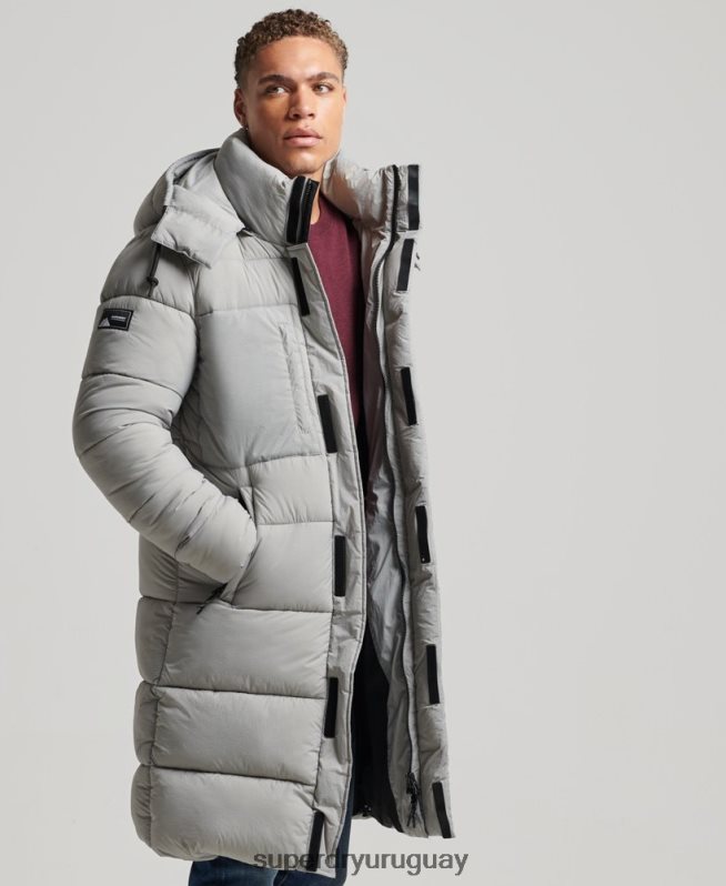 uy Superdry hombres chaqueta acolchada larga con tejido ripstop gris claro DT2N8Z1100 ropa