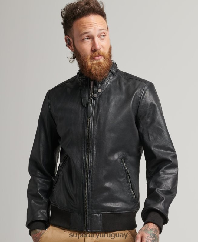 uy Superdry hombres chaqueta bomber de cuero negro DT2N8Z4461 ropa
