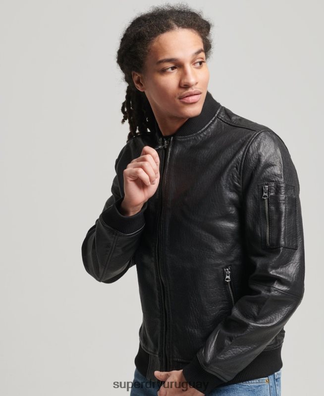 uy Superdry hombres chaqueta bomber de cuero negro DT2N8Z4753 ropa