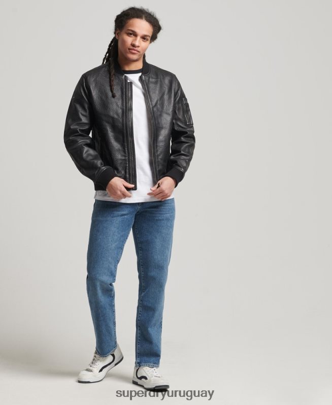 uy Superdry hombres chaqueta bomber de cuero negro DT2N8Z4753 ropa