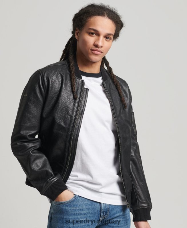 uy Superdry hombres chaqueta bomber de cuero negro DT2N8Z4753 ropa
