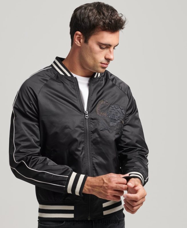 uy Superdry hombres chaqueta bomber vintage sukajan gris oscuro DT2N8Z4459 ropa