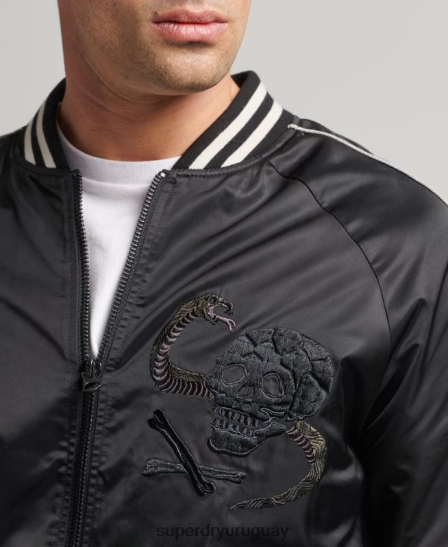uy Superdry hombres chaqueta bomber vintage sukajan gris oscuro DT2N8Z4459 ropa