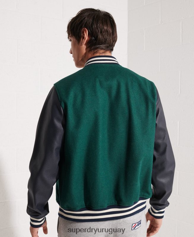 uy Superdry hombres chaqueta de béisbol del equipo universitario de lana verde DT2N8Z4728 ropa