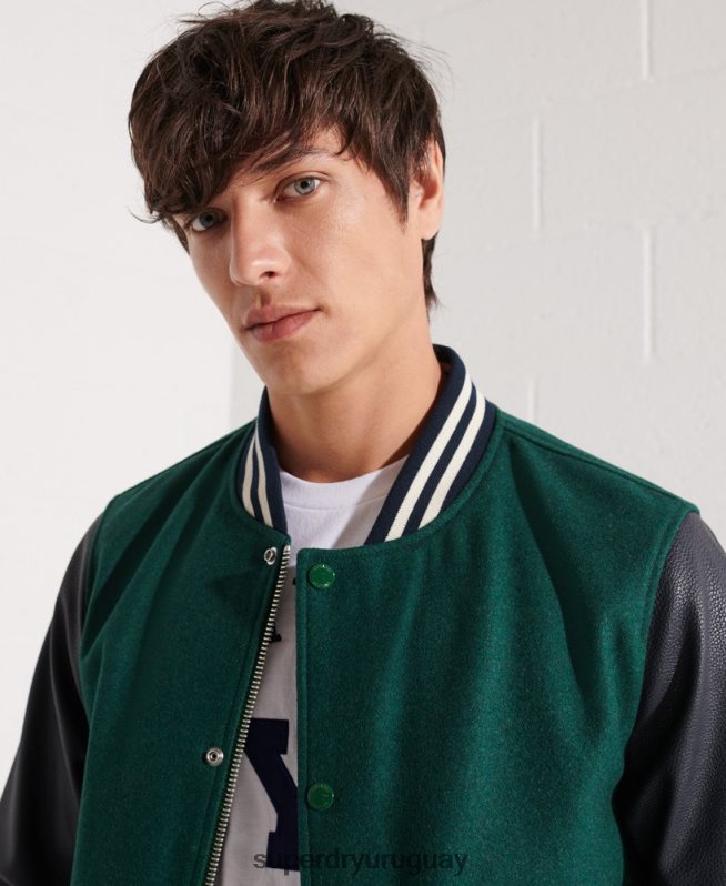 uy Superdry hombres chaqueta de béisbol del equipo universitario de lana verde DT2N8Z4728 ropa