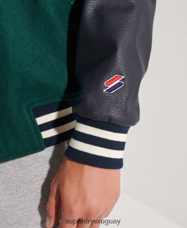 uy Superdry hombres chaqueta de béisbol del equipo universitario de lana verde DT2N8Z4728 ropa