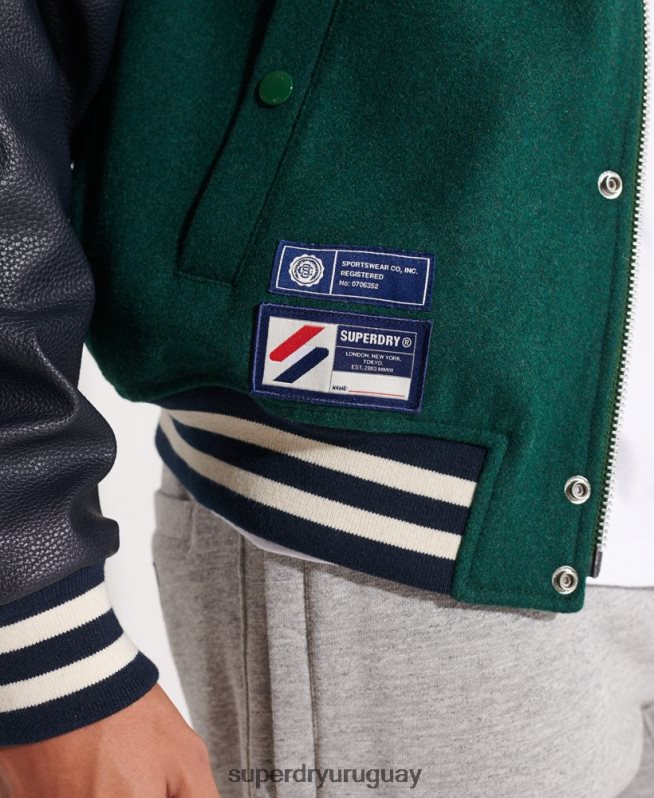 uy Superdry hombres chaqueta de béisbol del equipo universitario de lana verde DT2N8Z4728 ropa