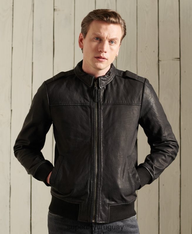 uy Superdry hombres chaqueta de cuero de aviador negro DT2N8Z1195 ropa