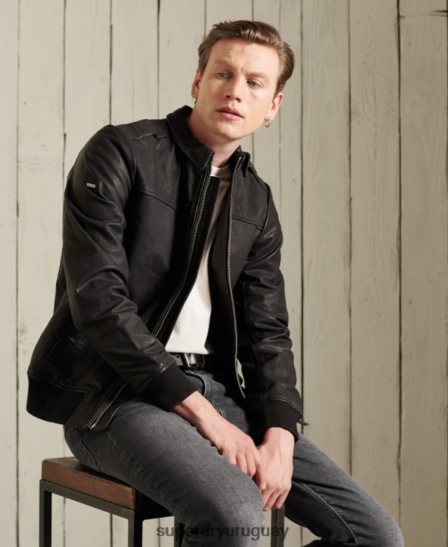 uy Superdry hombres chaqueta de cuero de aviador negro DT2N8Z1195 ropa
