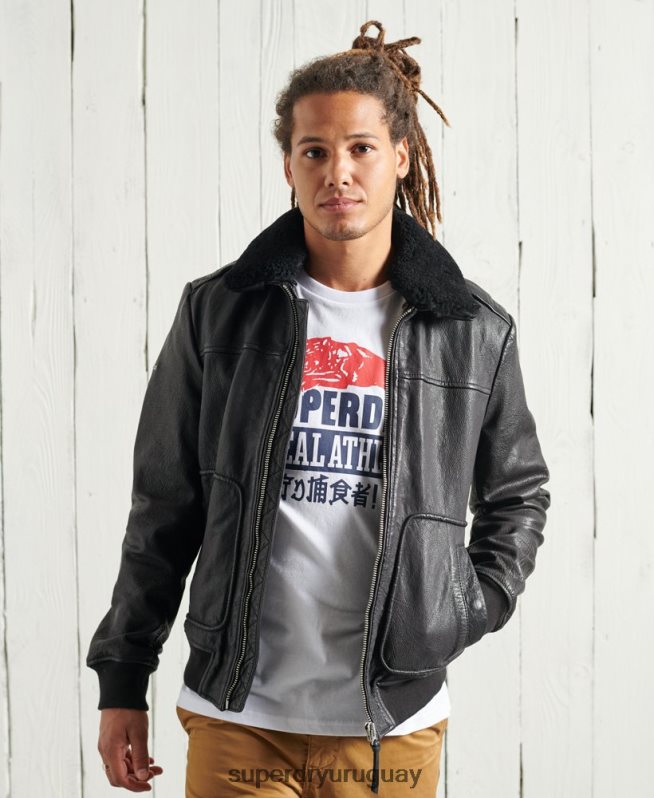 uy Superdry hombres chaqueta de cuero de vuelo de aviador negro DT2N8Z4488 ropa