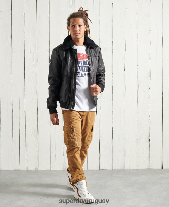 uy Superdry hombres chaqueta de cuero de vuelo de aviador negro DT2N8Z4488 ropa