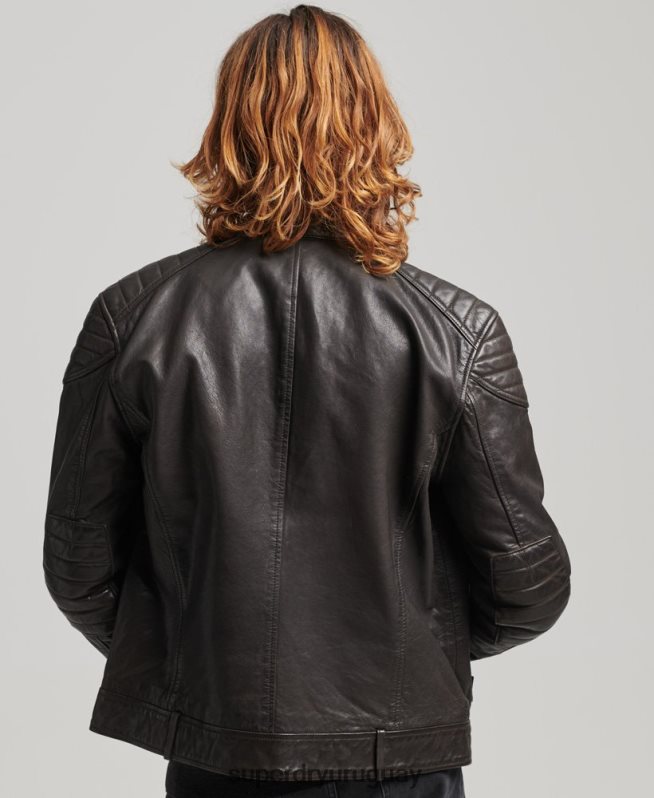 uy Superdry hombres chaqueta de motociclista de cuero gris oscuro DT2N8Z1088 ropa