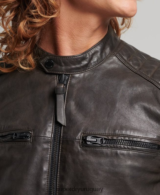 uy Superdry hombres chaqueta de motociclista de cuero gris oscuro DT2N8Z1088 ropa
