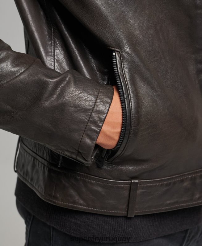 uy Superdry hombres chaqueta de motociclista de cuero gris oscuro DT2N8Z1088 ropa