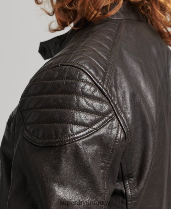 uy Superdry hombres chaqueta de motociclista de cuero gris oscuro DT2N8Z1088 ropa