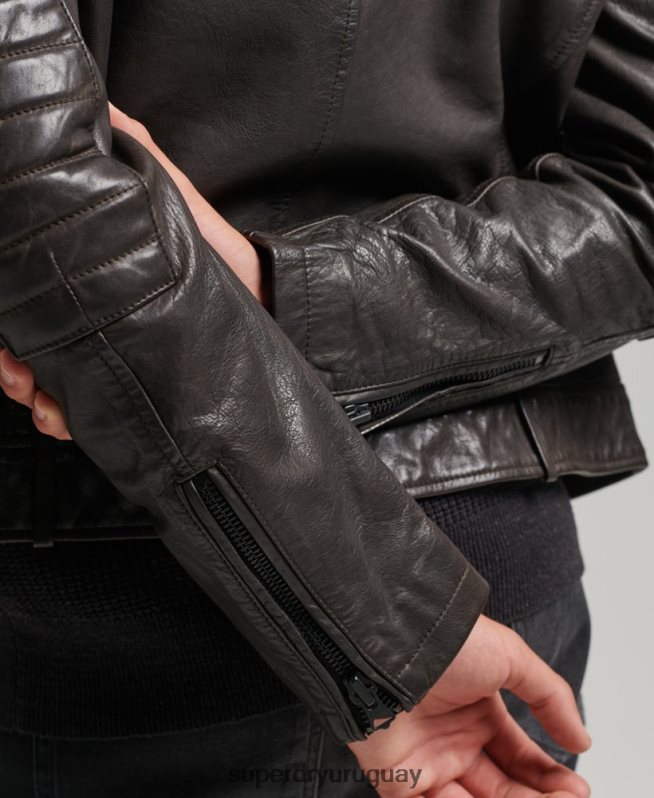 uy Superdry hombres chaqueta de motociclista de cuero gris oscuro DT2N8Z1088 ropa