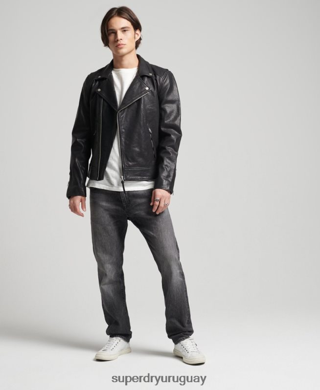 uy Superdry hombres chaqueta de motociclista de cuero negro DT2N8Z1060 ropa