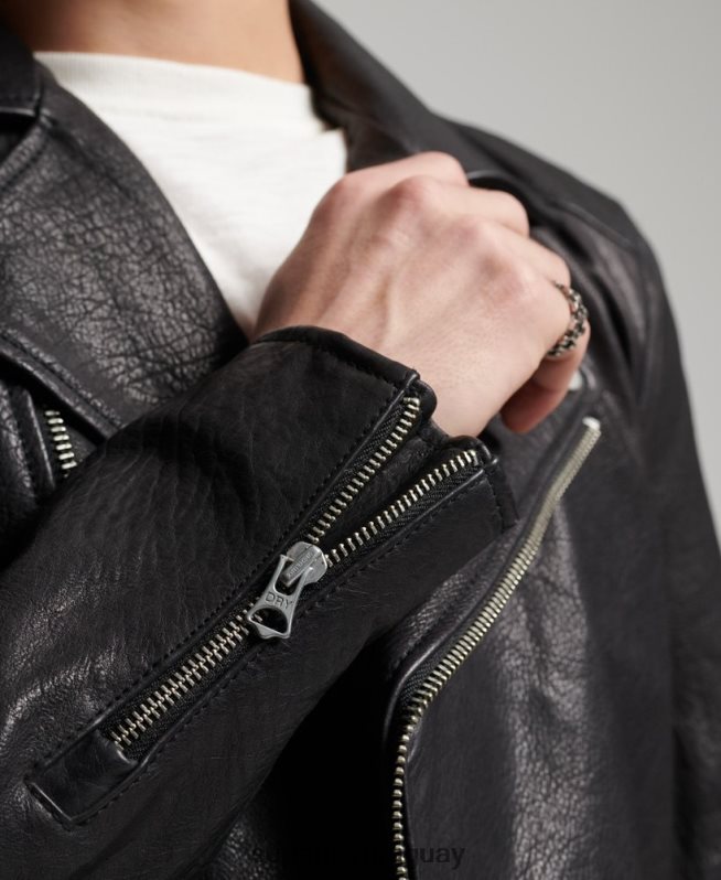 uy Superdry hombres chaqueta de motociclista de cuero negro DT2N8Z1060 ropa