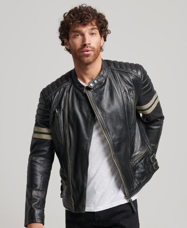 uy Superdry hombres chaqueta de motociclista de cuero negro DT2N8Z4691 ropa