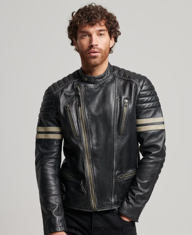 uy Superdry hombres chaqueta de motociclista de cuero negro DT2N8Z4691 ropa