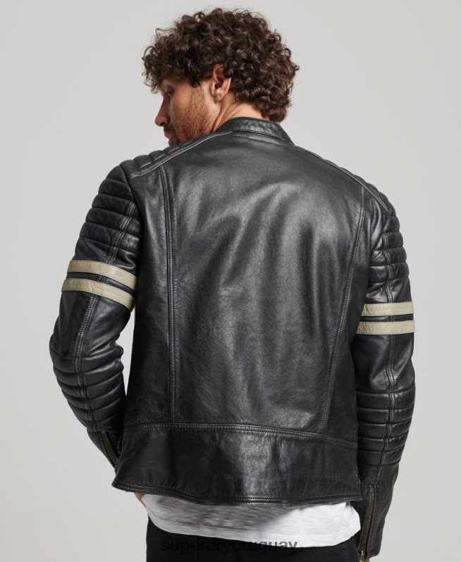 uy Superdry hombres chaqueta de motociclista de cuero negro DT2N8Z4691 ropa