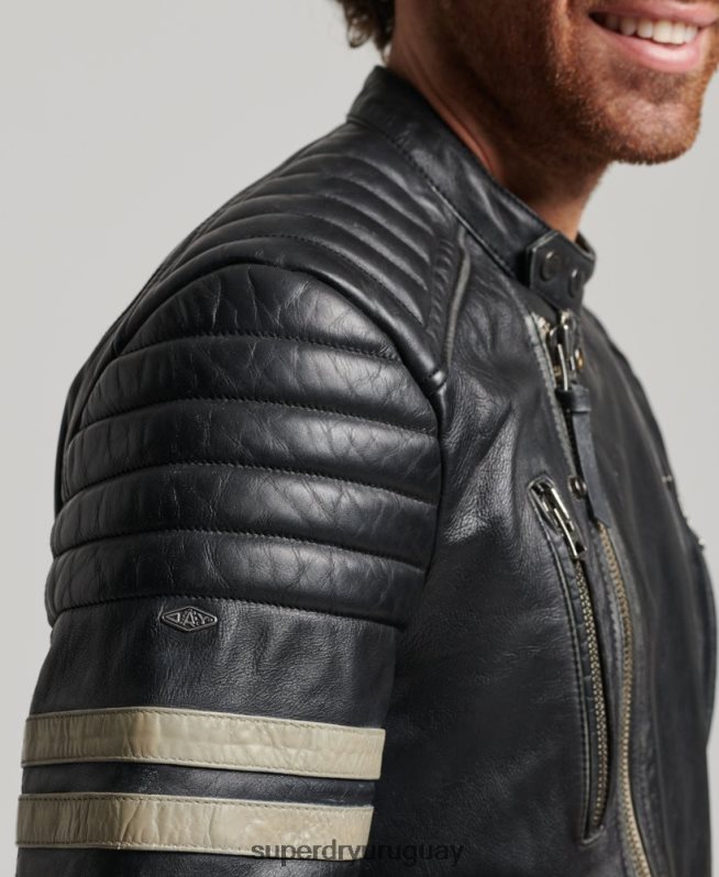 uy Superdry hombres chaqueta de motociclista de cuero negro DT2N8Z4691 ropa