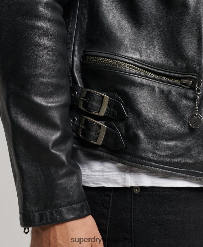 uy Superdry hombres chaqueta de motociclista de cuero negro DT2N8Z4691 ropa