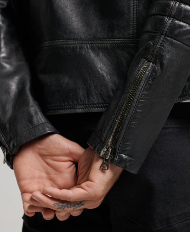 uy Superdry hombres chaqueta de motociclista de cuero negro DT2N8Z4691 ropa