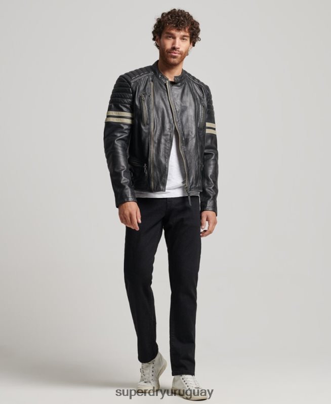uy Superdry hombres chaqueta de motociclista de cuero negro DT2N8Z4691 ropa