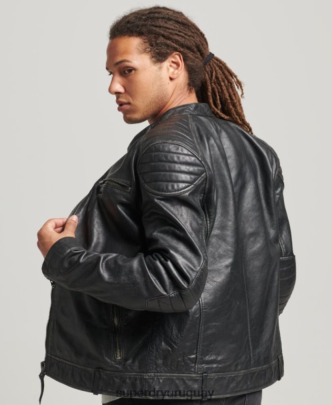uy Superdry hombres chaqueta de motociclista de cuero negro DT2N8Z920 ropa
