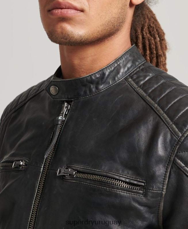 uy Superdry hombres chaqueta de motociclista de cuero negro DT2N8Z920 ropa