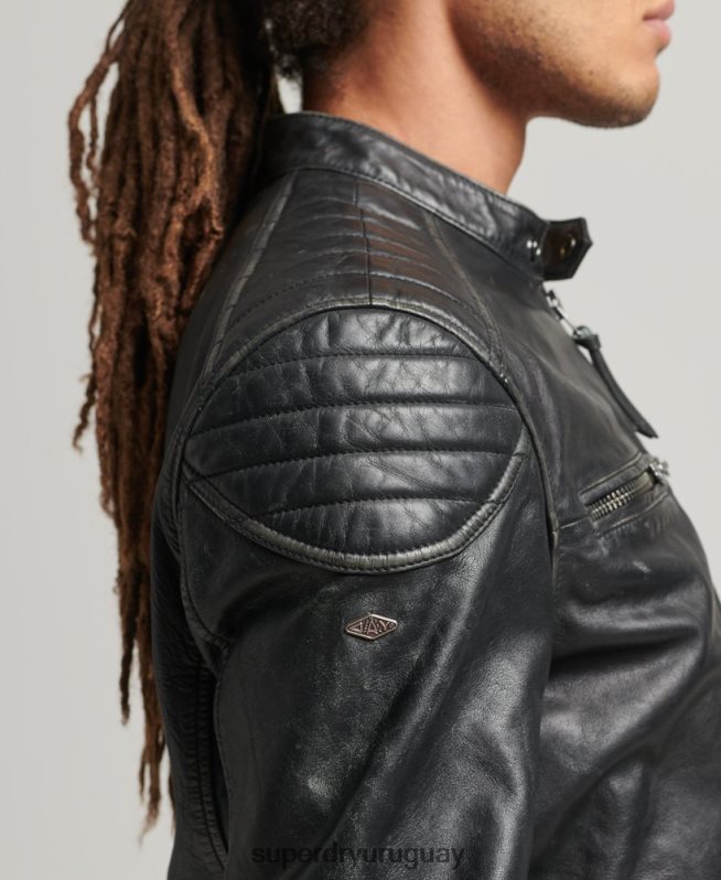 uy Superdry hombres chaqueta de motociclista de cuero negro DT2N8Z920 ropa