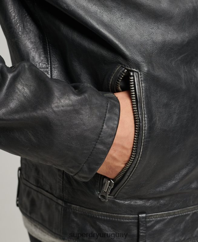 uy Superdry hombres chaqueta de motociclista de cuero negro DT2N8Z920 ropa