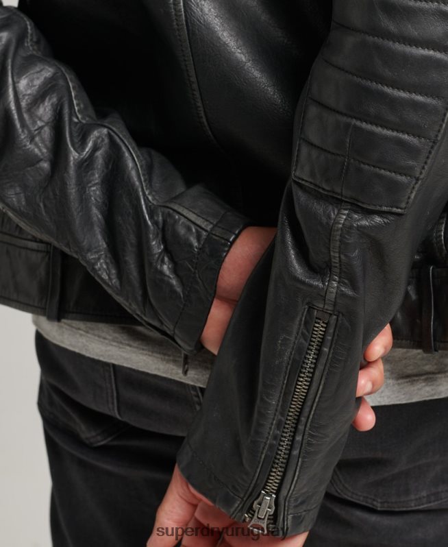uy Superdry hombres chaqueta de motociclista de cuero negro DT2N8Z920 ropa