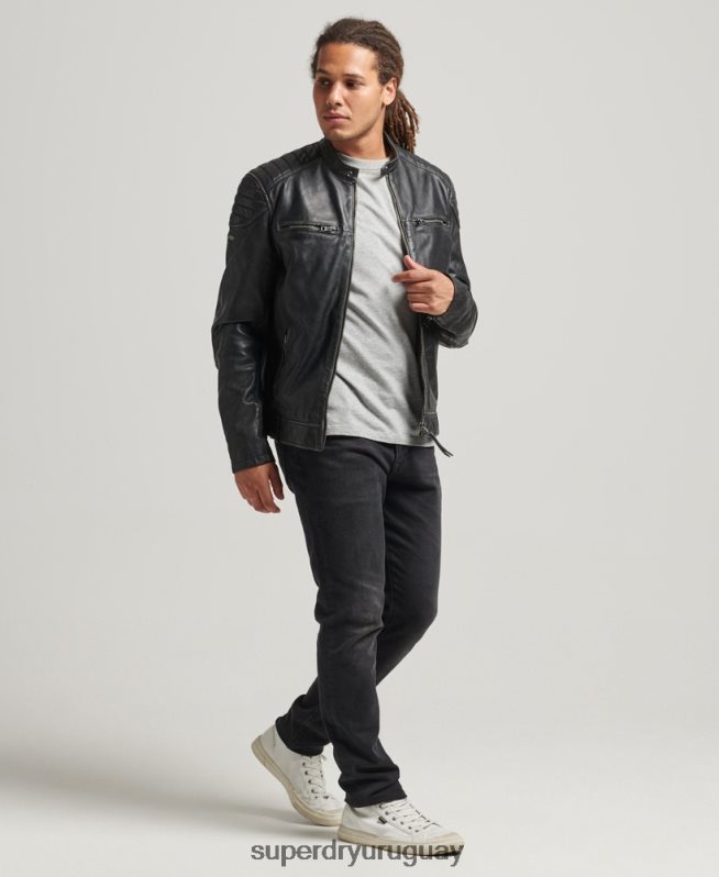 uy Superdry hombres chaqueta de motociclista de cuero negro DT2N8Z920 ropa